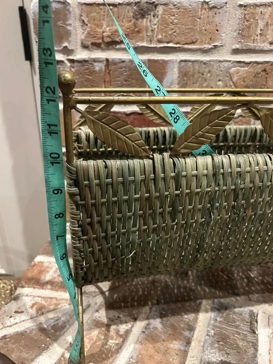 Vintage Wicker Magazine Rack with Brass Leaf Accents - Green - Picture 10 of 10